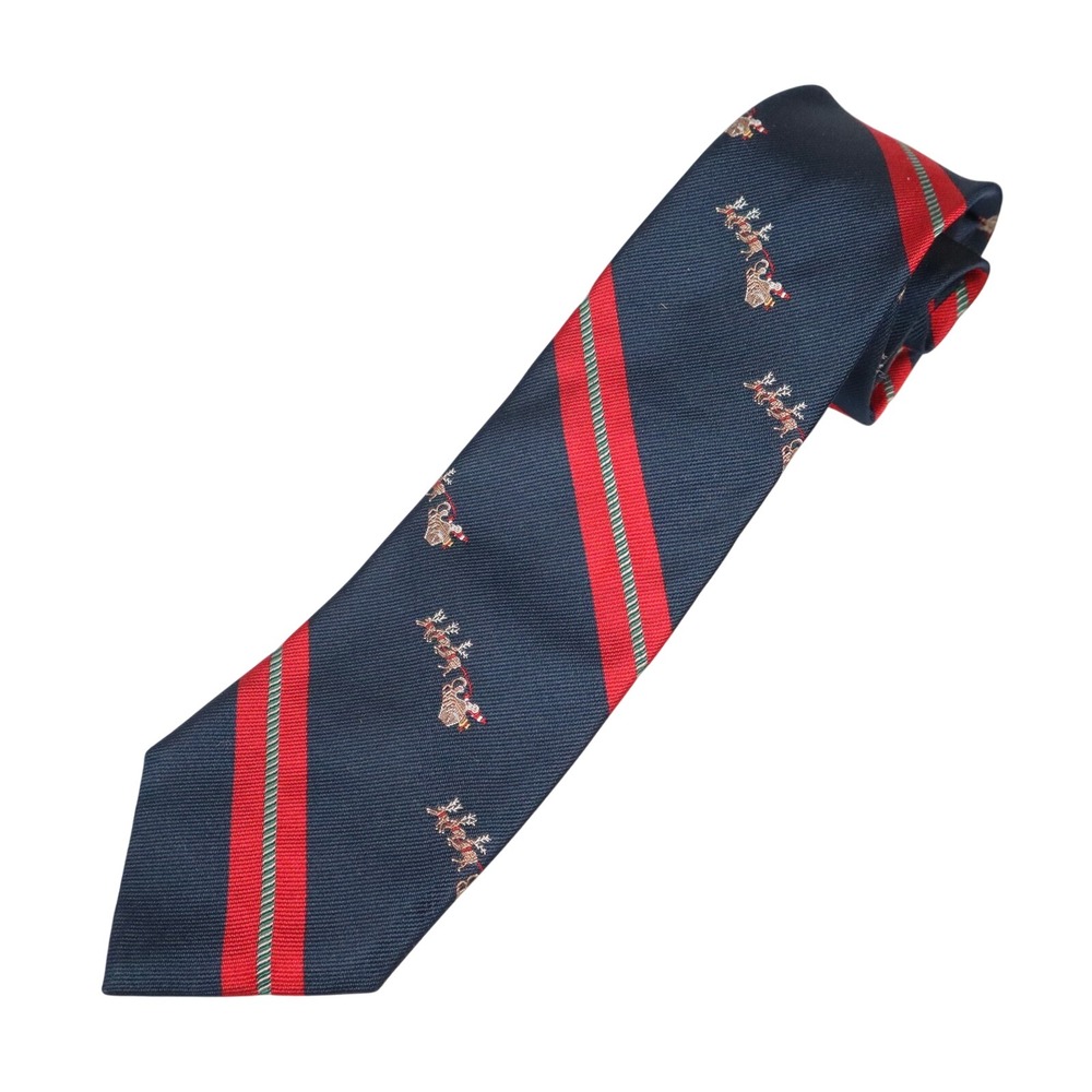 Lands End Silk Repp Tie Navy Santa Sleigh Reindeer Christmas Stripe‎ USA Made